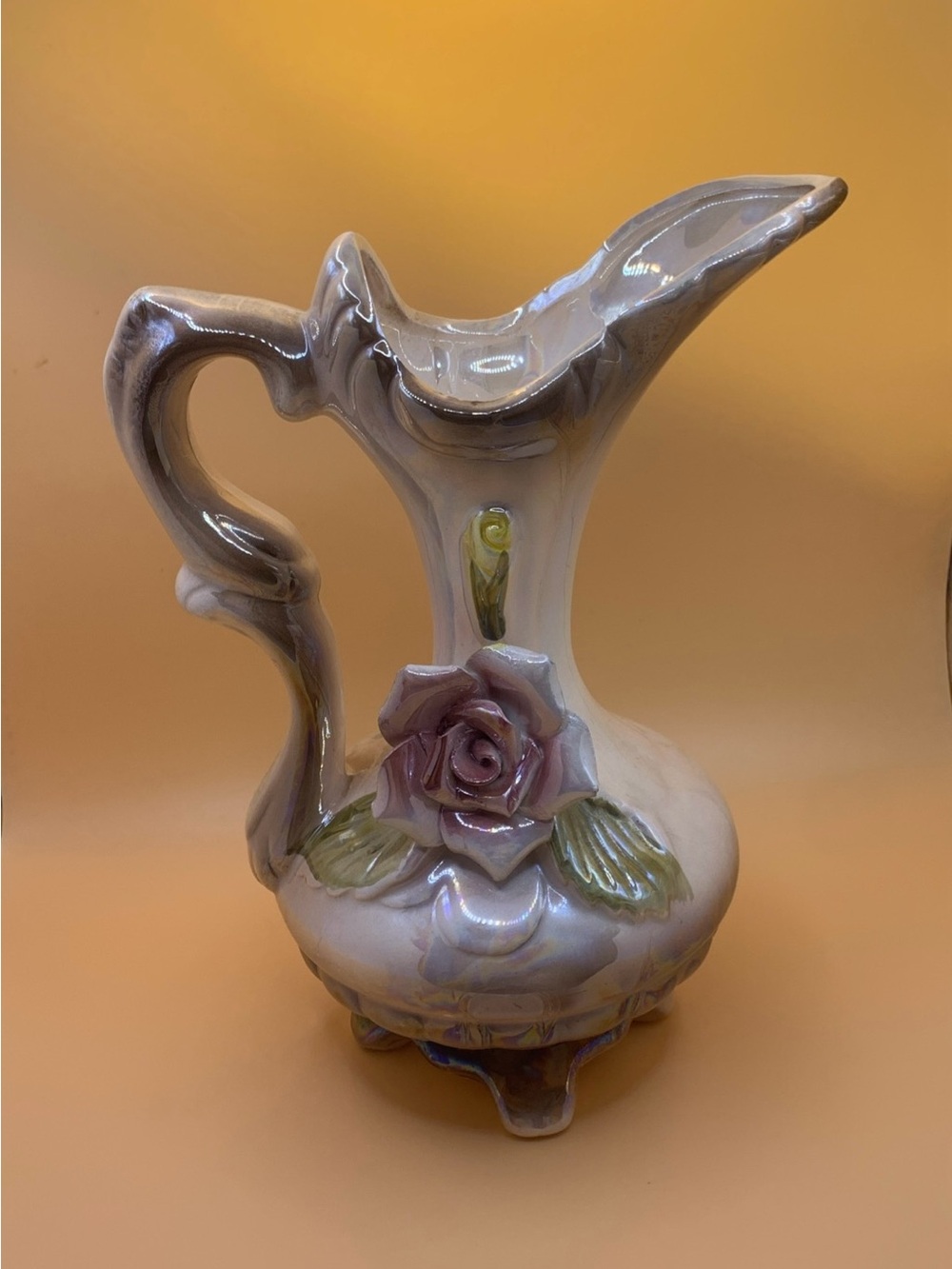 Ceramic Floral Pitcher Vase in Pink, and Cream